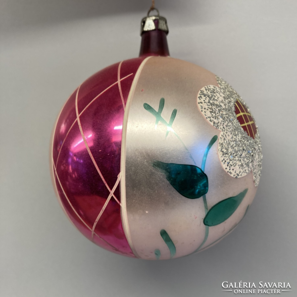 Régi üveg karácsonyfadísz nagyméretű gömbdísz festett
