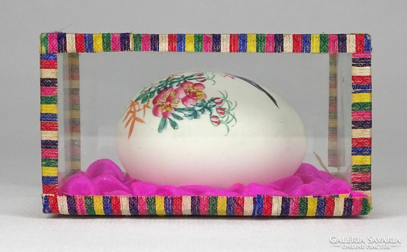 1P708 Régi festett madaras húsvéti tojás üveg dobozban 9 x 5 x 7 cm