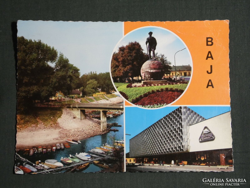 Képeslap, Baja, mozaik részletek,Sugovica csónak kikötő,Jelky András szobor, Bácska áruház