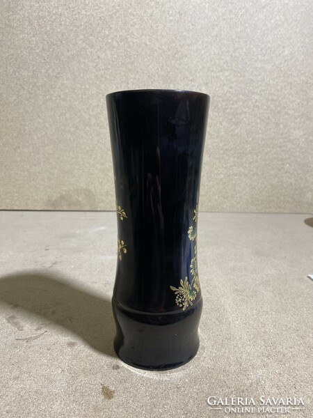 Old mother-of-pearl inlaid black lacquered wood vase 24 cm.2265