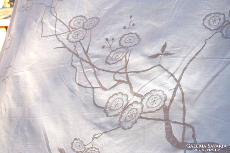 Old dreamy batiste hand embroidered curtain drapery stained glass cherry blossom-130 x 124