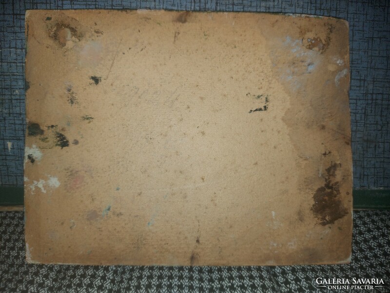 Antik, kartonon lévő nyomatra, gipsz rátétekre festett tájkép
