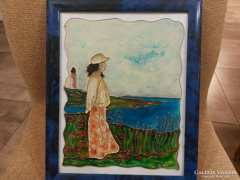 (K) beautiful glass painting 28x23 cm signed with frame