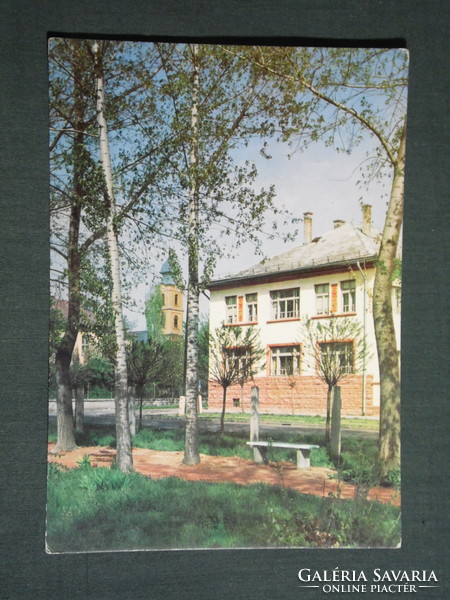 Postcard, básalmás, hospital detail, church skyline
