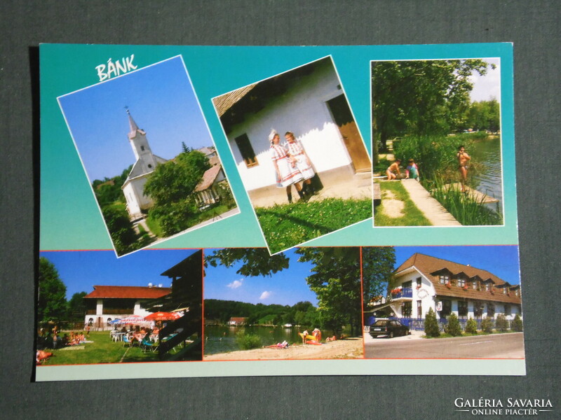 Postcard, bank, mosaic details, church, fishing lake, beach, inn, resort, folk costume