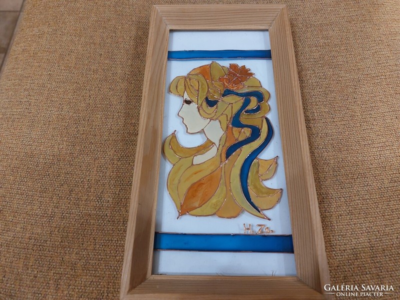 (K) beautiful glass painting 23x12 cm signed with frame