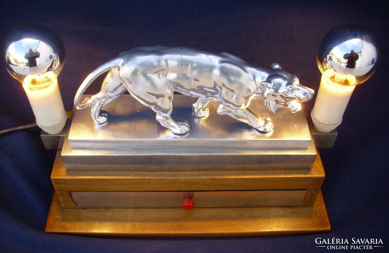 Art-deco desk lamp with tiger sculpture and pen holder with drawer