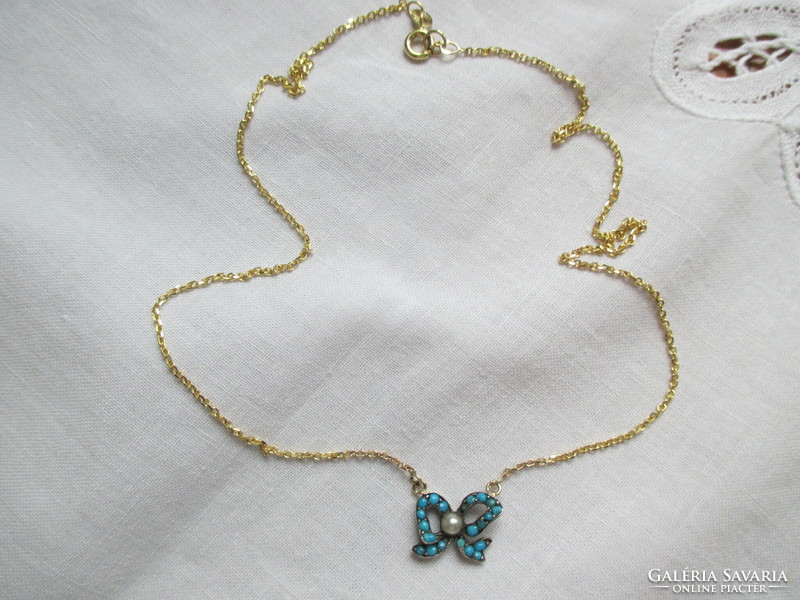 Antique necklace: Biedermeier bow with turquoise stones, pearls, gold chain