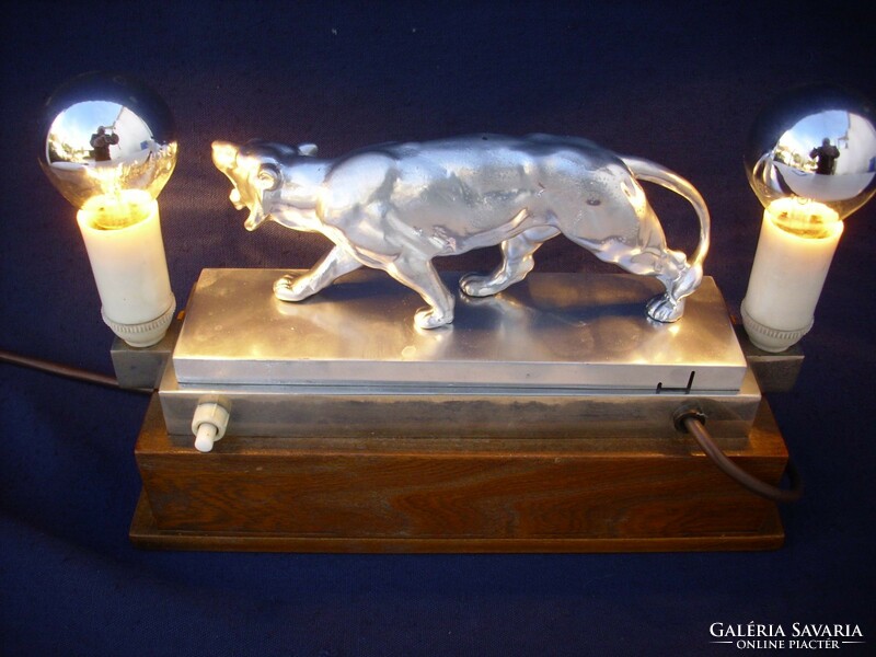 Art-deco desk lamp with tiger sculpture and pen holder with drawer