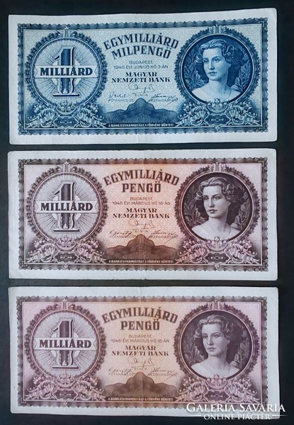 1 db Egymilliárd Milpengő + 5 db Egymilliárd Pengő 1946, F+-VF