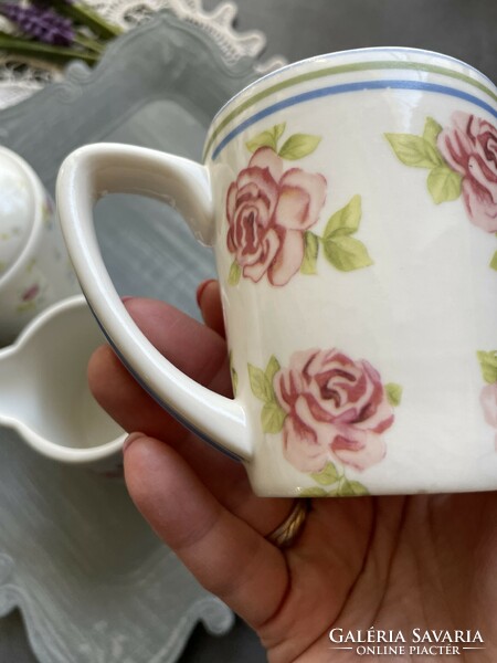 Csodás JET romantikus rózsás egy személyes kávés szett, 2 csésze, kiöntő, cukortartó