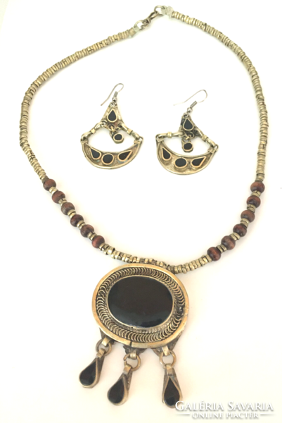 Old ethnic necklaces and earrings - handmade copper, silver with glass paste - afghan