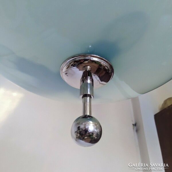 Art deco - Bauhaus 3 égős nikkelezett csillár felújítva - nagy méretű kék üveg ernyő