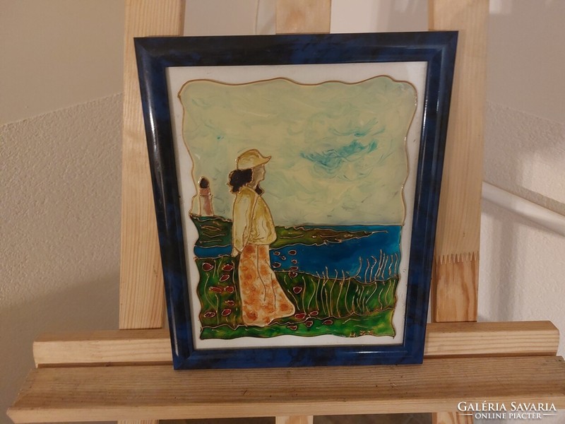 (K) beautiful glass painting 28x23 cm signed with frame