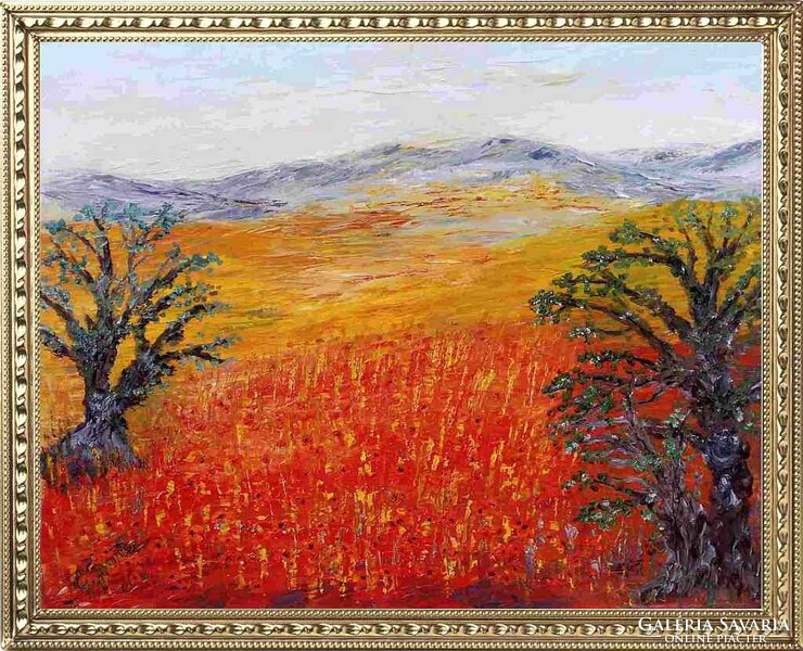 Contemporary art oil painting. Poppy field with acacias. Artwork by Gustav Seitz