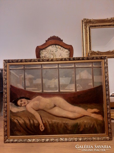 Female nude painting, large oil on canvas, signed, mid-1900s