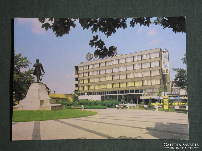 Postcard, Békéscsaba, Kossuth square, statue, park, Kőrös hotel, hotel view, detail