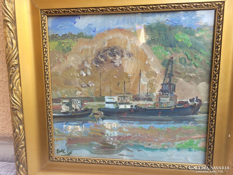 Erdélyi Mihály (1884 - 1972) : Kőbánya hajókkal olaj-vászon festmény KÉPCSARNOK IGAZOLÁSSAL