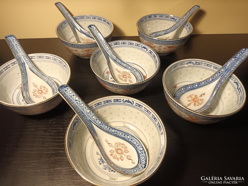 6 db Vintage kínai rizses mélytál kanállal - rizstál - átlátszó rizsszem mintával - 6 db egyben