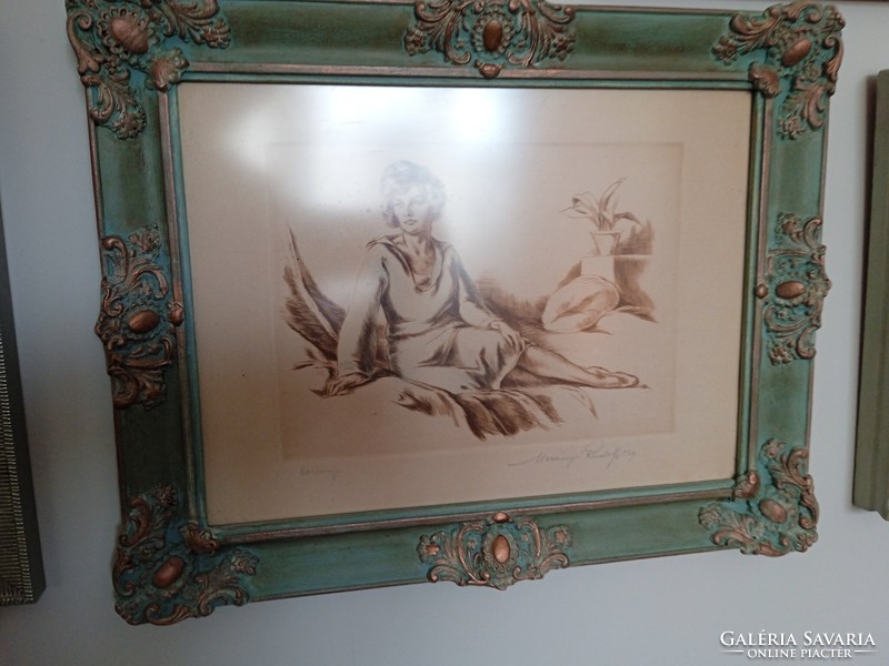 Rudolf Merényi woman on pamlagon colored etching in turquoise blondel frame
