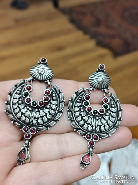 Marked, sterling (925) silver earrings, with green and red garnet stones, from India. New.