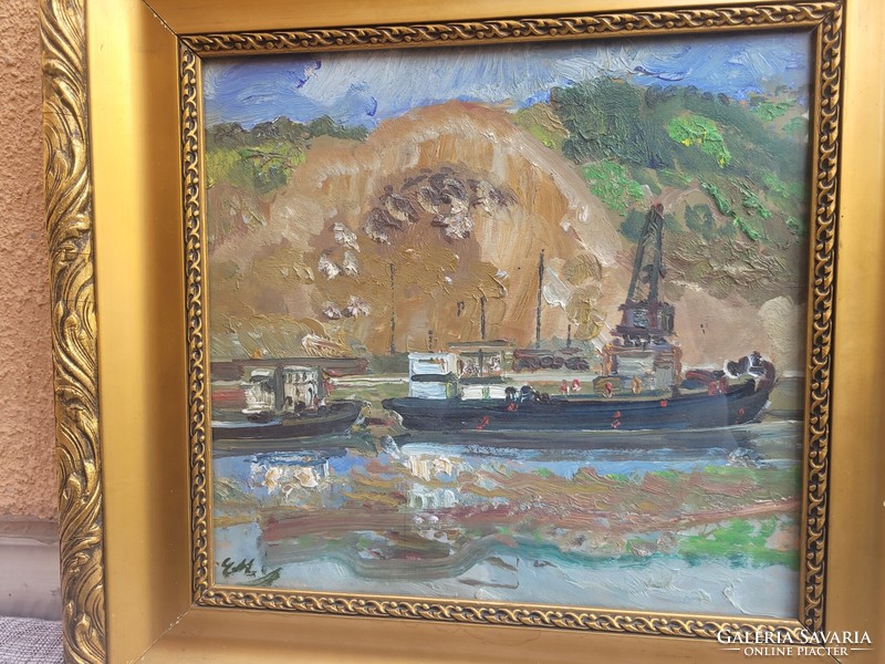 Mihály Erdélyi (1884 - 1972): quarry with ships oil on canvas painting with gallery certificate