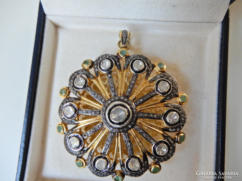 Old large gold plated silver? Pendant with rough diamonds and emeralds