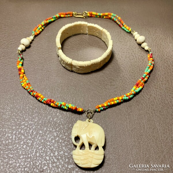 Bone carving necklace and bracelet set, modern jewelry set made of old bone and beads