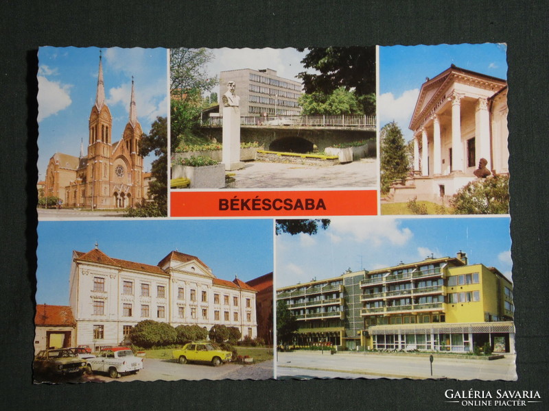 Postcard, Békéscsaba, mosaic details, church, Münkacsy bridge, museum, gymnasium, hotel