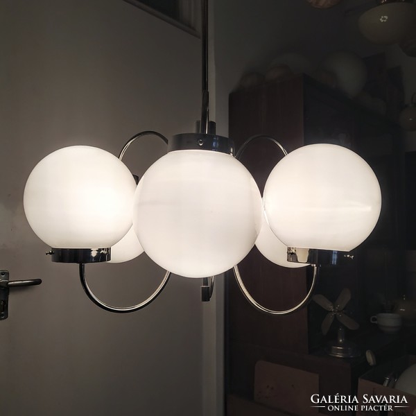 Bauhaus - art deco 6-arm large nickel-plated chandelier renovated - milk glass spherical shades