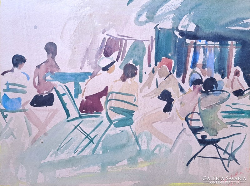 Life on the beach (watercolor) cheerful, summer picture from 1961 by Gyula painter Rozália Kosta