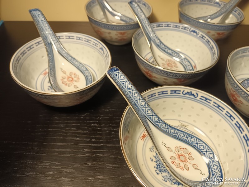 6 db Vintage kínai rizses mélytál kanállal - rizstál - átlátszó rizsszem mintával - 6 db egyben