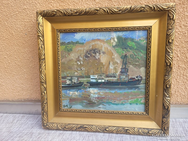 Mihály Erdélyi (1884 - 1972): quarry with ships oil on canvas painting with gallery certificate