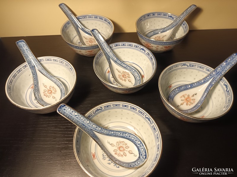 6 vintage Chinese deep rice bowls with spoon - rice bowl - with transparent rice grain pattern - 6 pieces in one