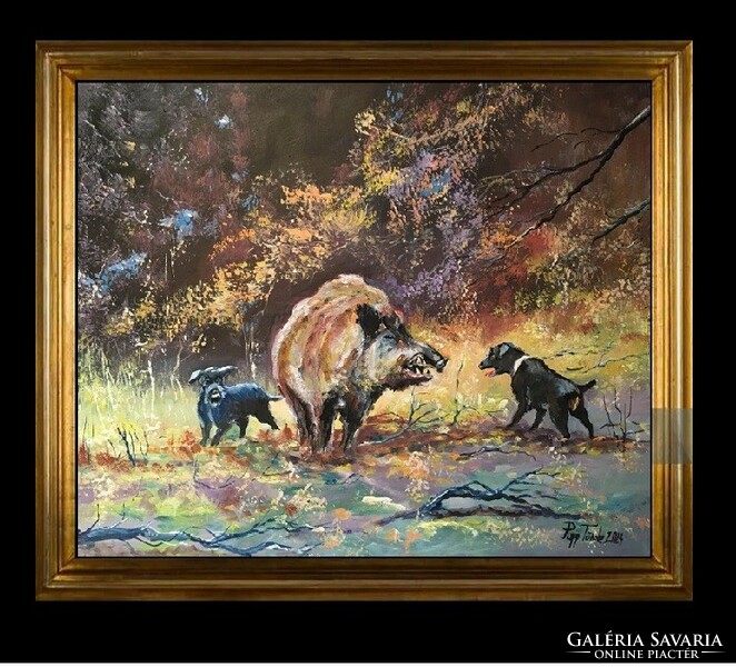 Captured - hunting scene painting - in a gold picture frame