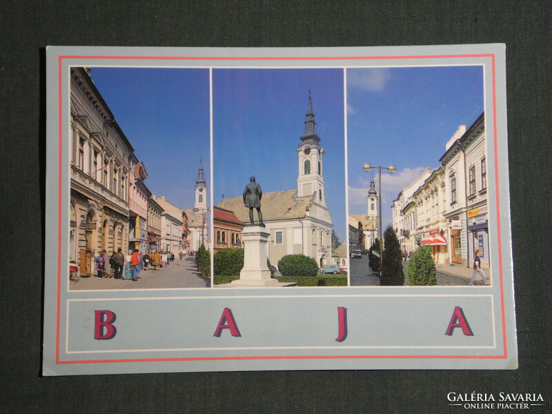 Postcard, baja, mosaic details, Tóth Kálmán Square, street, statue, church