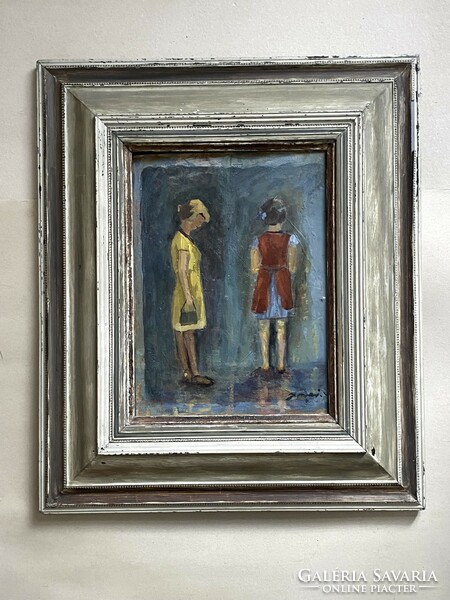 2 Girl with an interesting mood marked painting in a wide gray wooden frame 59 x 68 cm