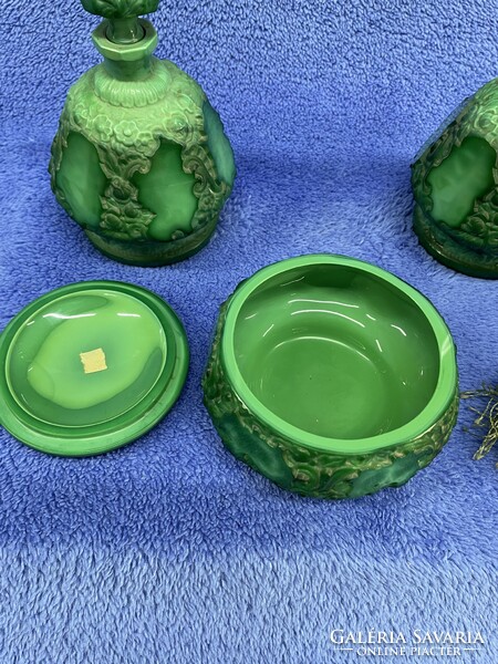 Flawless malachite glass toilet set, based on the designs of Heinrich Hoffmann and Henry Schlevogt!