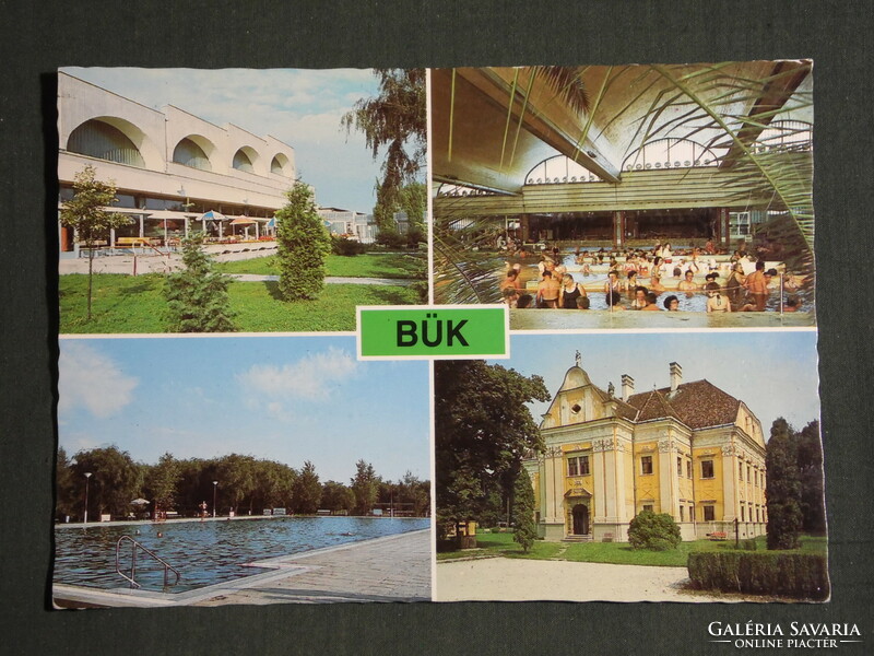 Postcard, bük, bük bath, mosaic details, park hotel, Szápáry castle, spa, beach