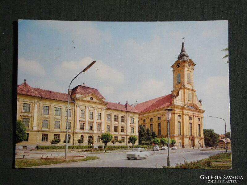 Postcard, Békéscsaba, Rózsa Ferenc high school, church, view detail