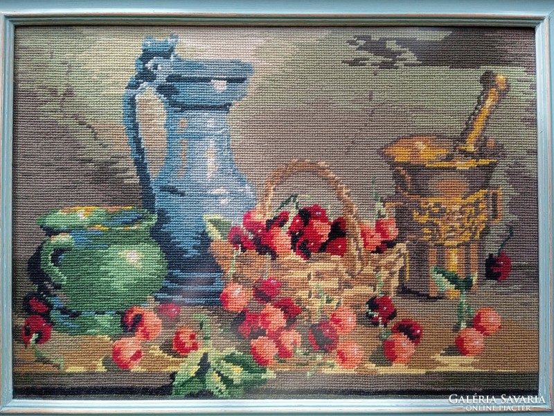 Abundant fruit still life tapestry in an oak frame