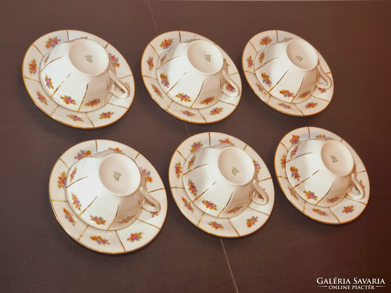 Drasche Budapest, with 6 teacup bases, flower pattern decor, gilded decoration, xx.Szd közé