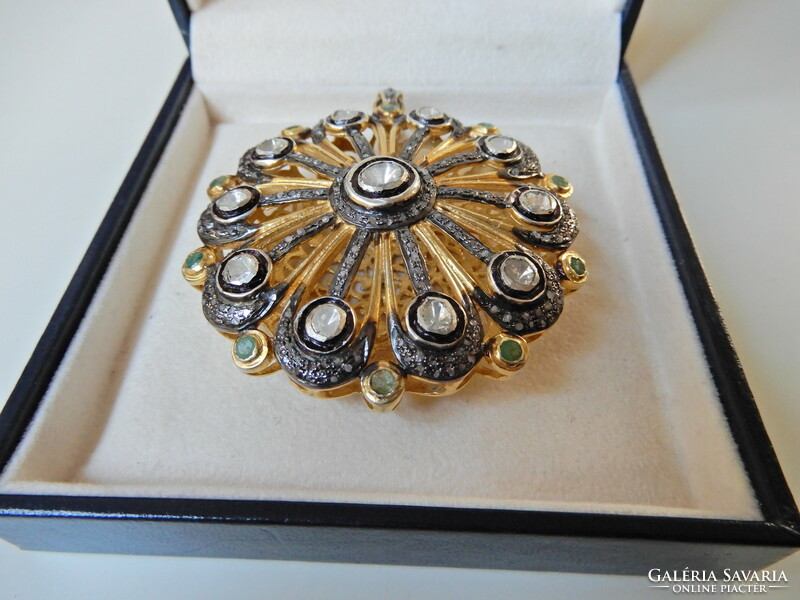 Old large gold plated silver? Pendant with rough diamonds and emeralds