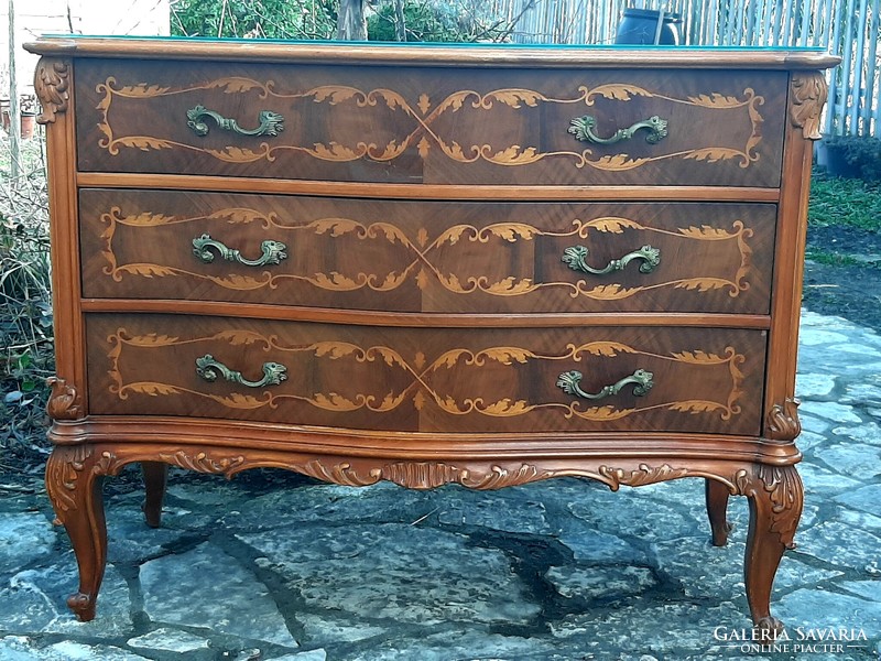 Beautiful baroque 3-drawer inlaid wooden dresser with wonderful hand carvings and copper handles