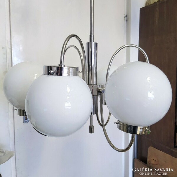 Bauhaus - art deco 6-arm large nickel-plated chandelier renovated - milk glass spherical shades