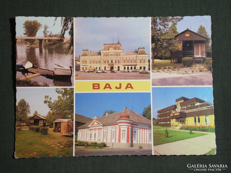 Képeslap, Baja, mozaik részletek,Sugovica,híd,Főtér,városháza,kemping,Vojnich-kúria,hotel