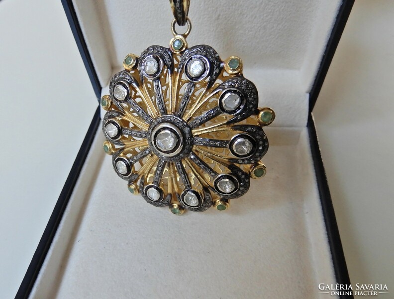 Old large gold plated silver? Pendant with rough diamonds and emeralds