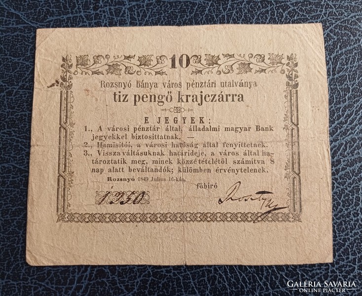 Rozsnyó 10 pengő krajczárra 1849. Vg.