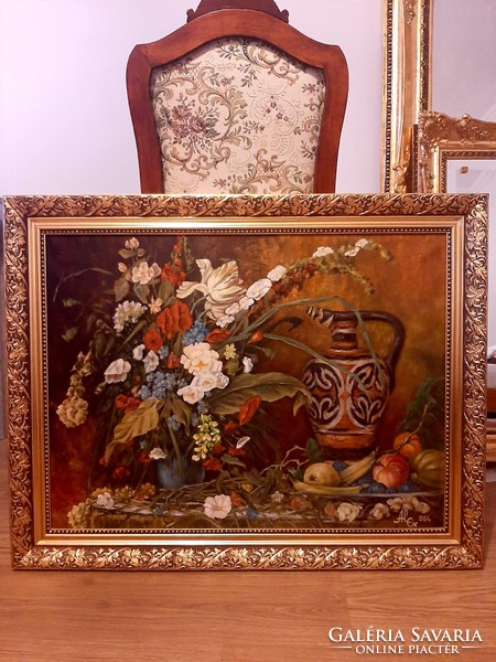 Still life with wonderful colors, oil on canvas painting with Alex Signo, 1964