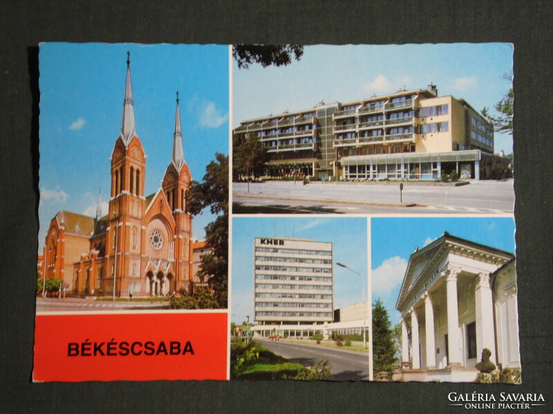 Postcard, Békéscsaba, mosaic details, church, hotel, Kner printing house, Munkácsy museum